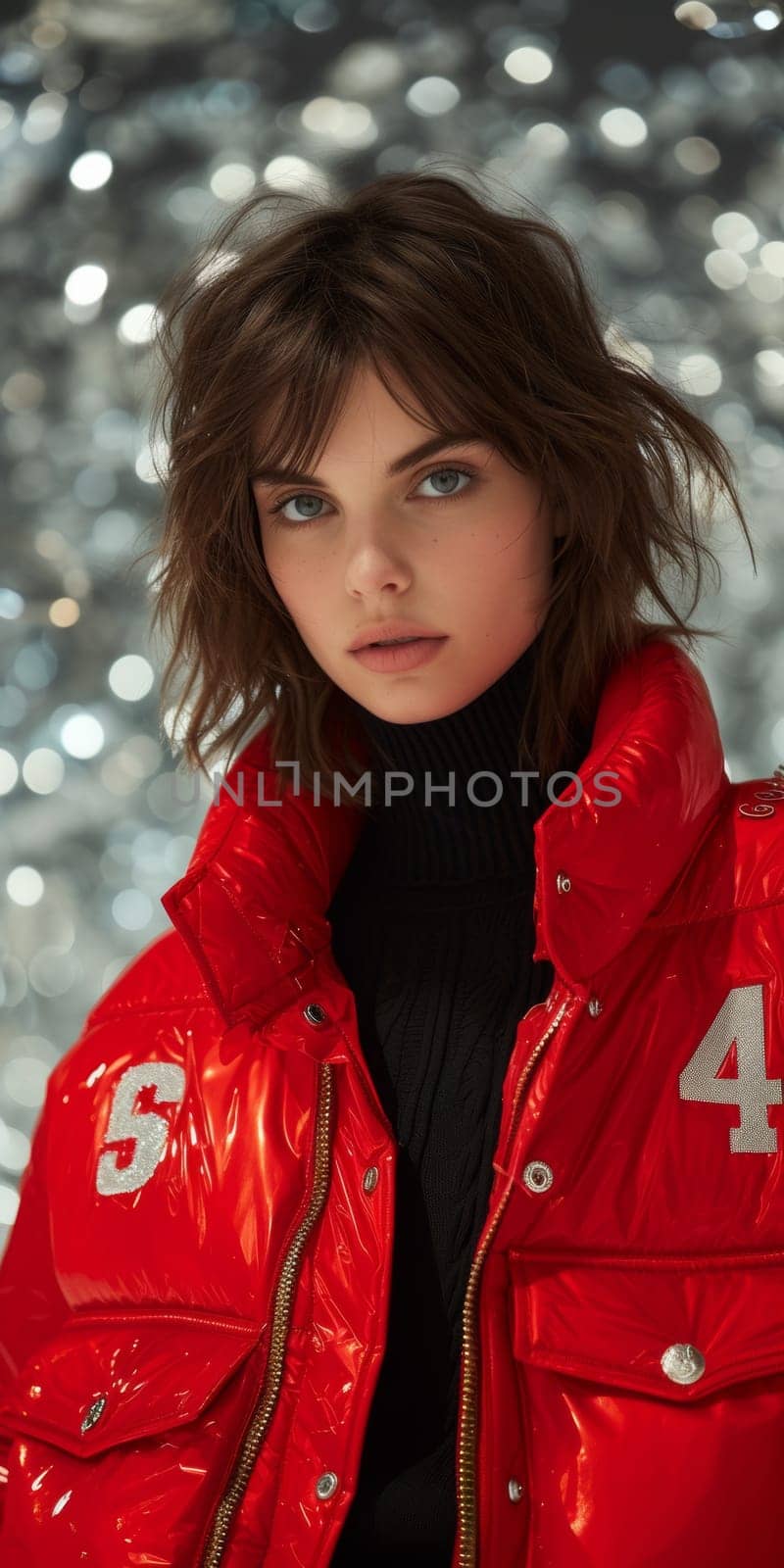 A woman in a red jacket with number four on it, AI by starush