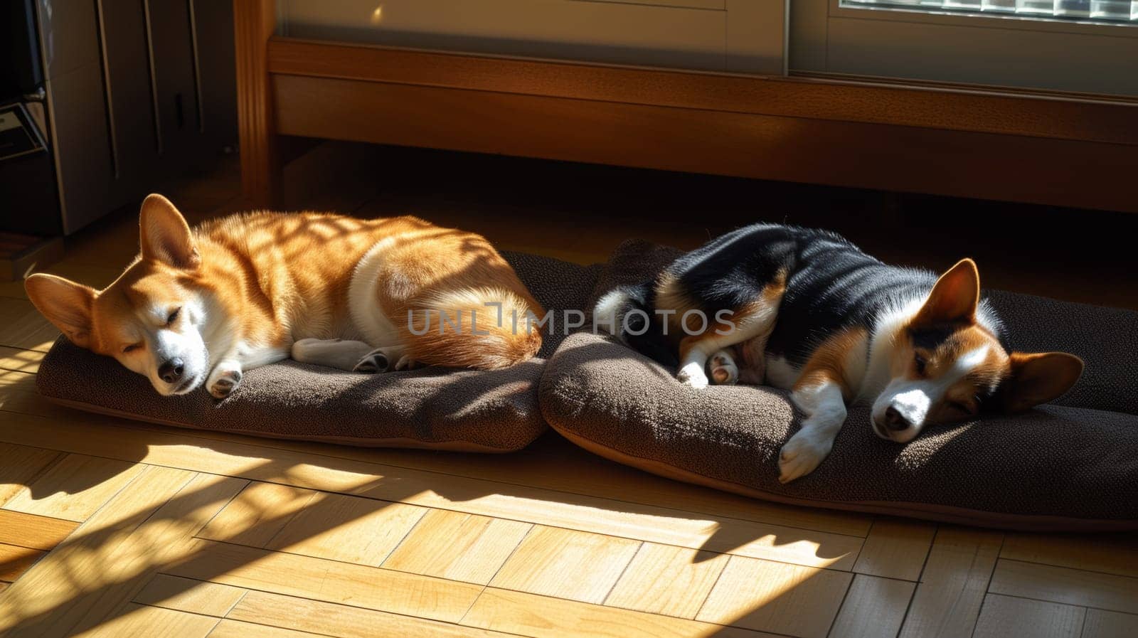 Two dogs laying on their beds in the sun