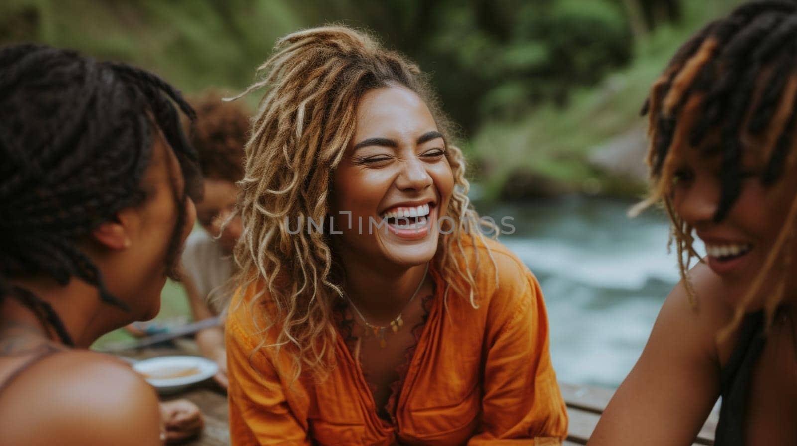 A group of three women laughing and smiling at each other, AI by starush