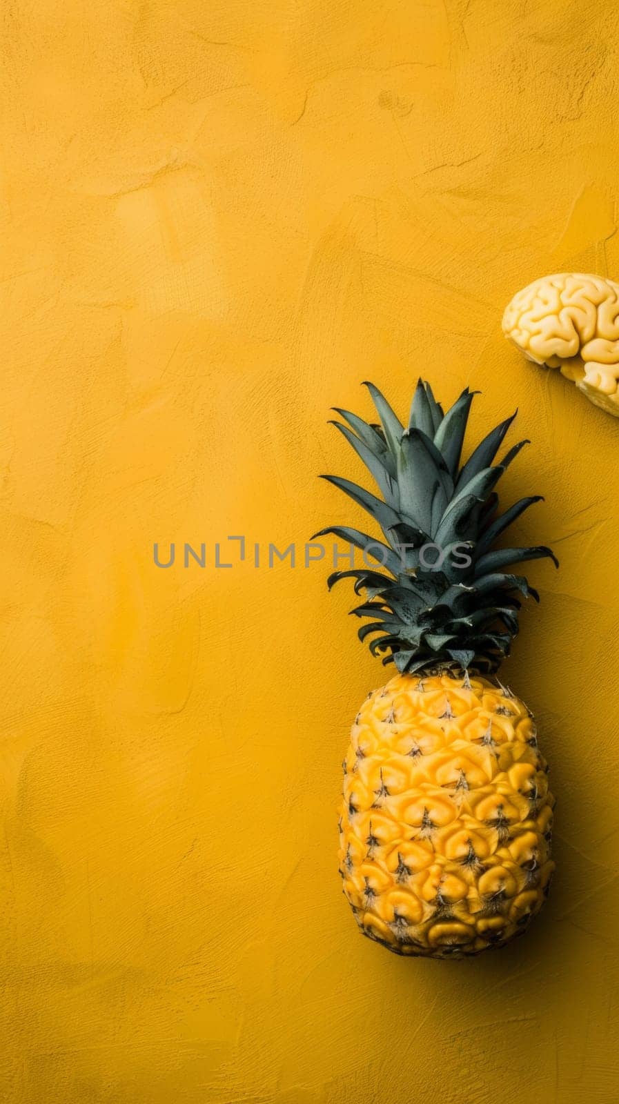 A pineapple with a brain on top of it against yellow background, AI by starush