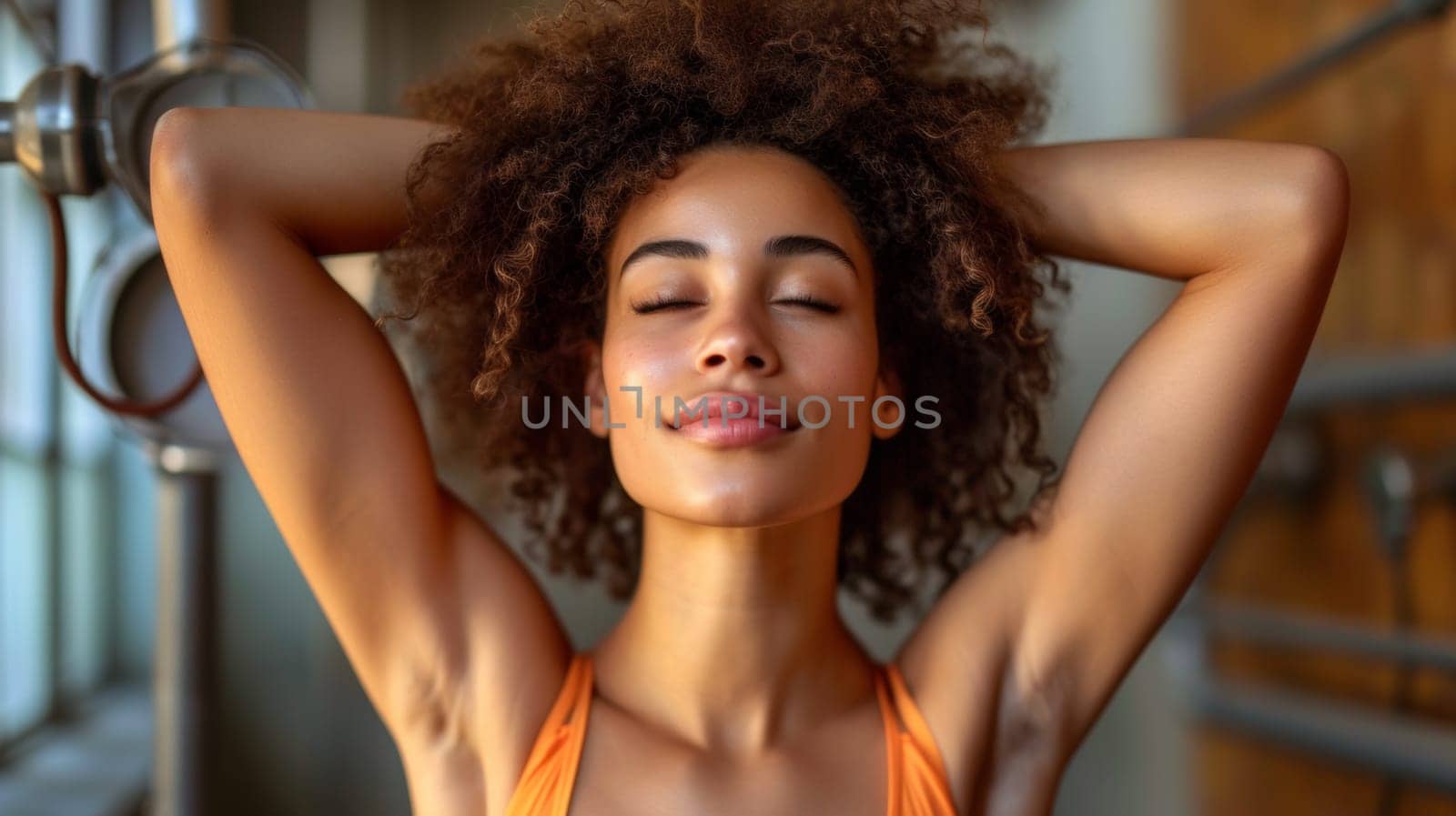 A woman with curly hair in an orange top poses for a picture, AI by starush