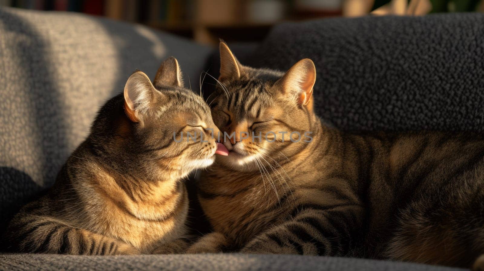 Two cats are laying on a couch and one is licking the other