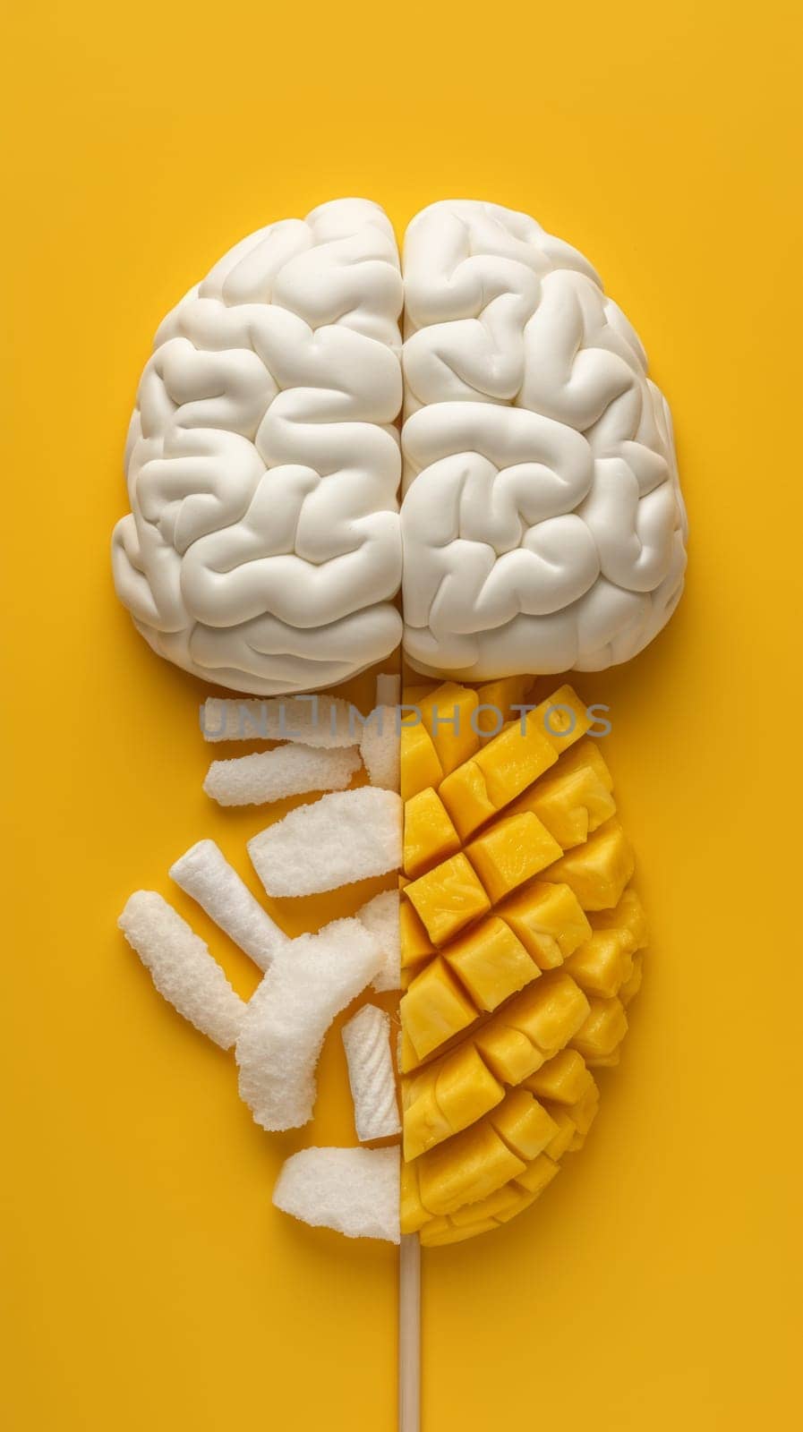 A brain and a pineapple on sticks with yellow background, AI by starush