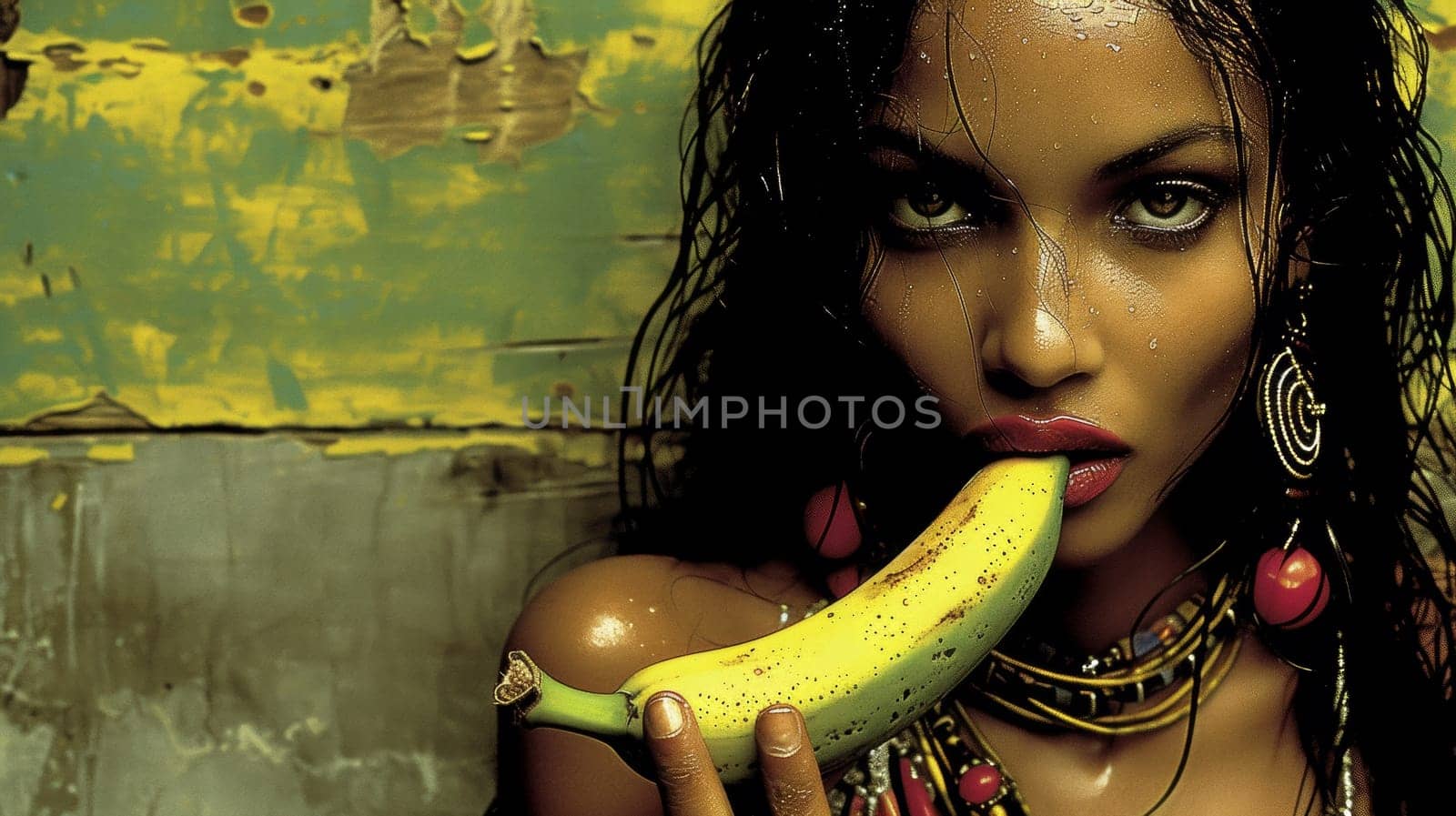 A woman with a banana in her mouth and wearing jewelry