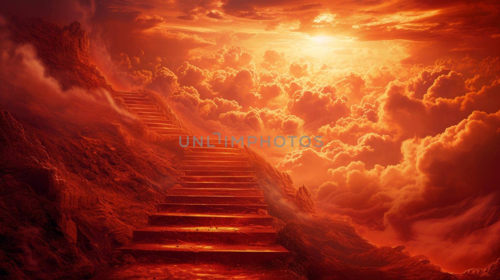 A stairway leading up to a cloud filled sky with the sun shining through, AI by starush