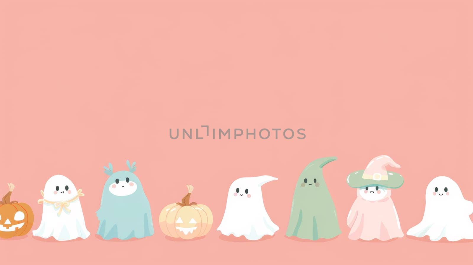 A group of cartoon ghosts and pumpkins on a pink background