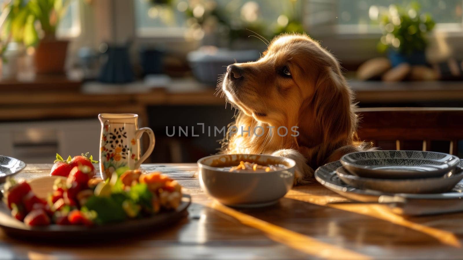 A dog sitting at a table with food and drink on it