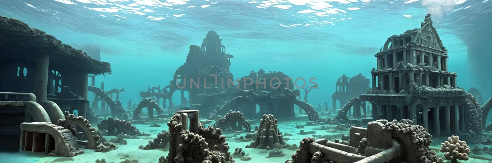 Discover the mystical depths of an Underwater Ruins. Submerged buildings, coral-covered columns, schools of exotic fish glide through the streets. Dive into the enchanting remnants of a lost city. Generative AI.