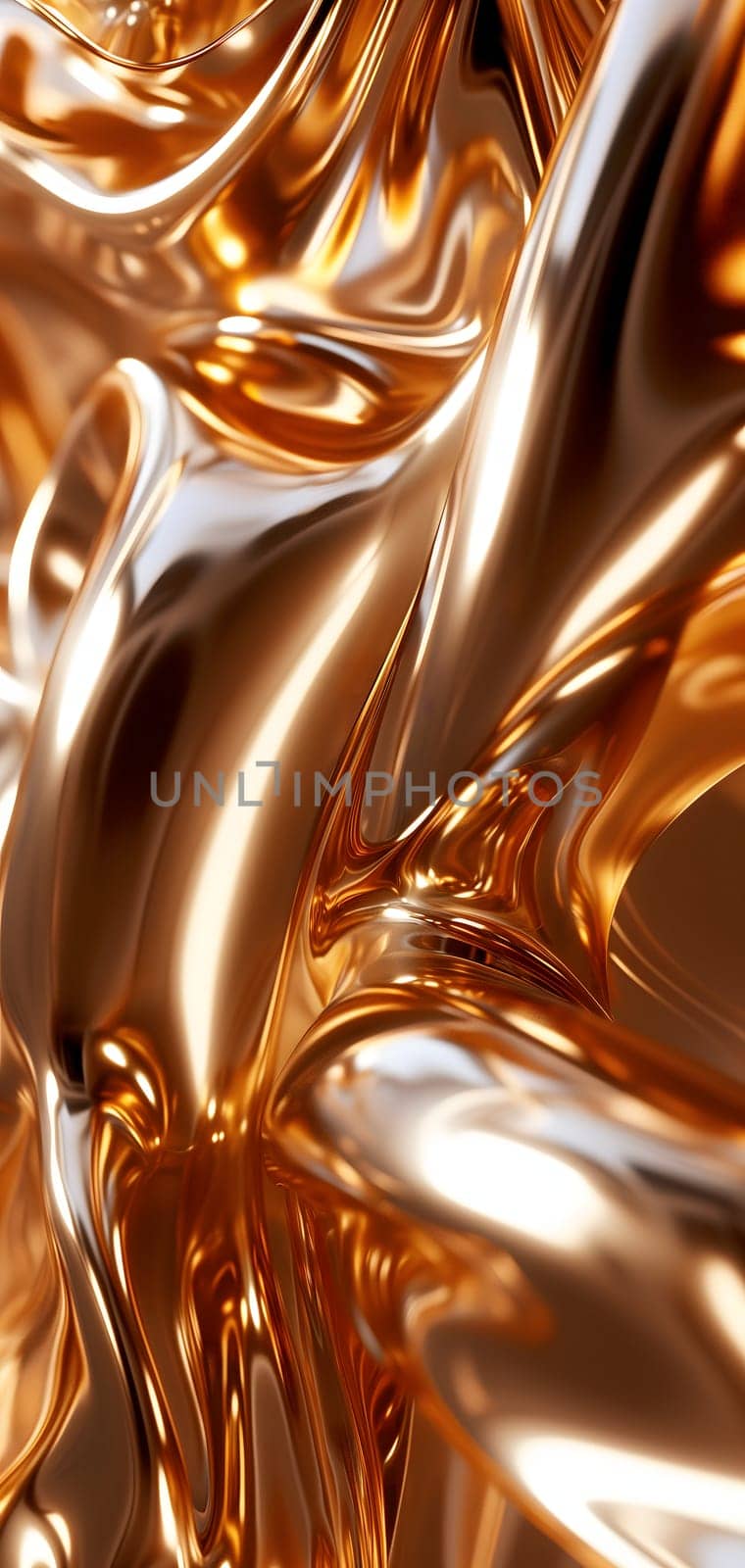 Shiny golden metal waves background and wallpaper. Neural network generated in January 2024. Not based on any actual scene or pattern.