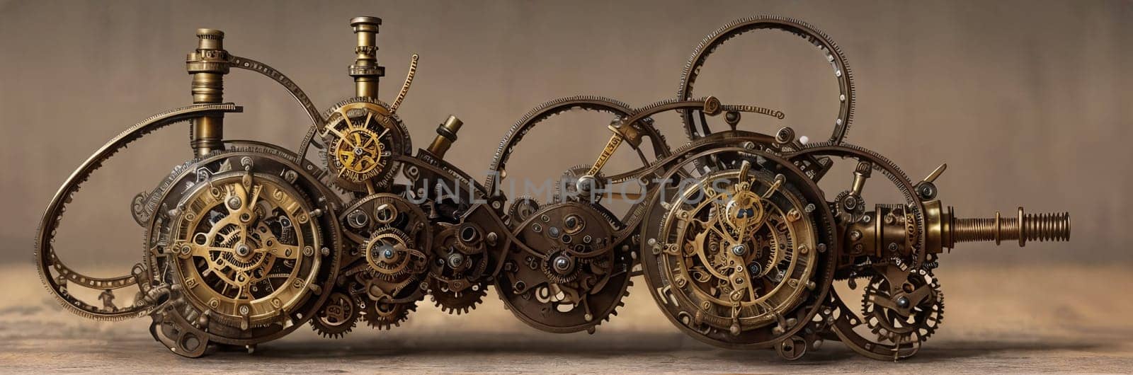 Steampunk Clockwork: An intricate mechanism blending gears, cogs, vintage brass elements, evoking Victorian-era technology. Think of a fusion between artistry functionality in a time-worn machine. Generative AI