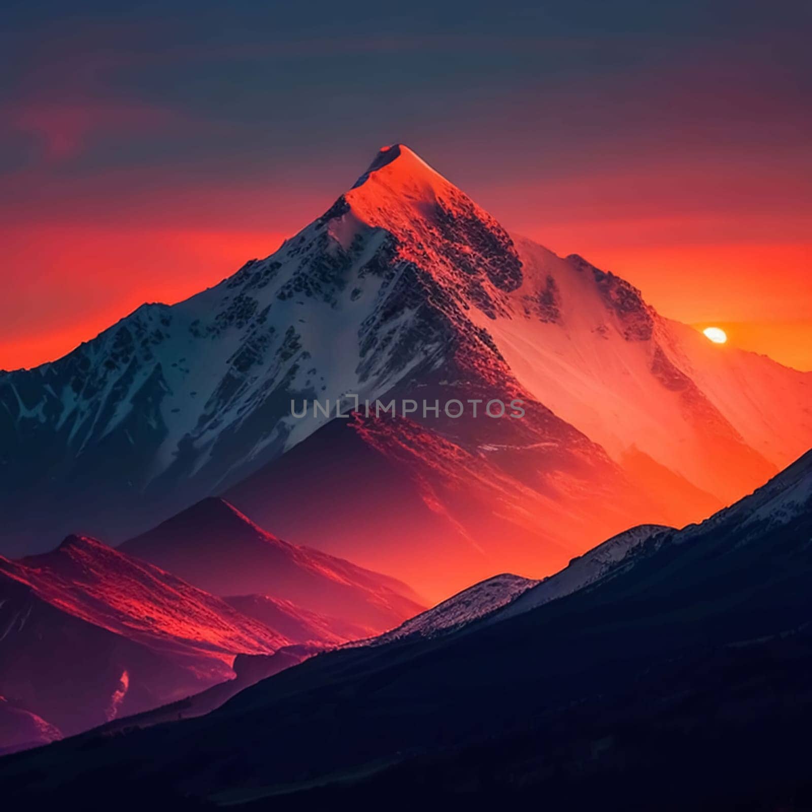 Dawn over the snow capped mountains. Snowy mountain peak at dawn. Sunrise in mountains. Mountain sunrise landscape by antoksena