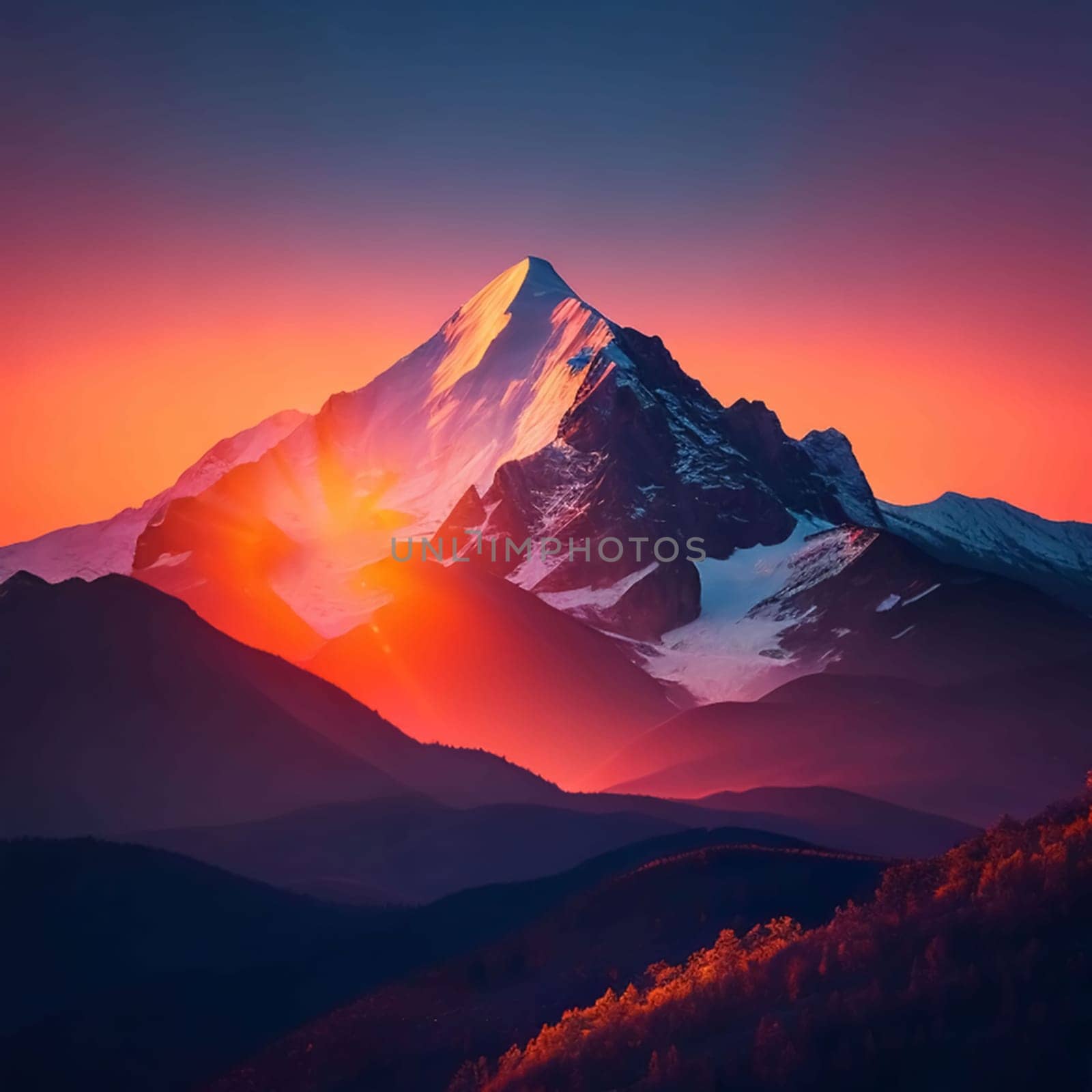 AI Generative Dawn over the snow capped mountains. Snowy mountain peak at dawn. Sunrise in mountains. Mountain sunrise landscape for your background and wallpaper