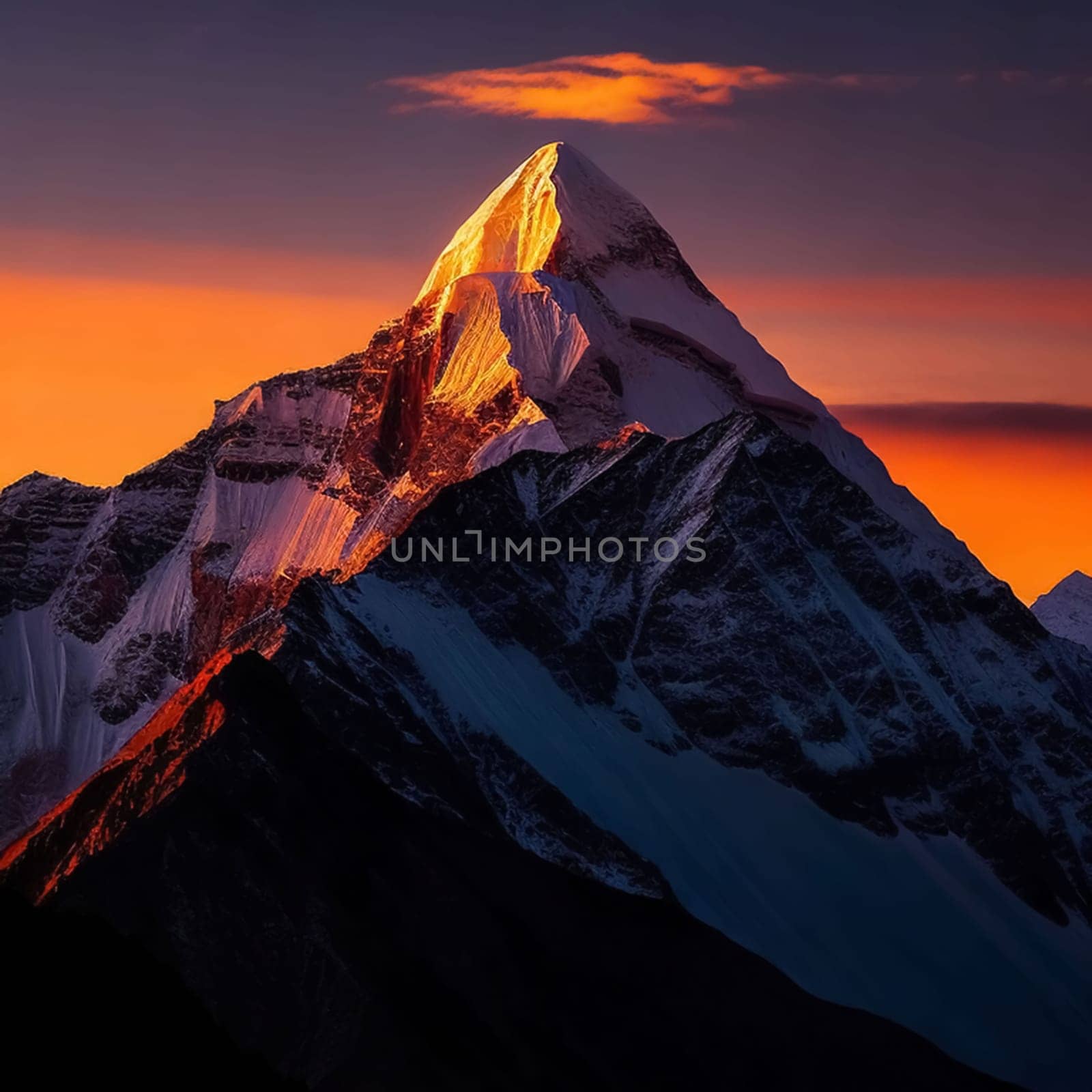 AI Generative Dawn over the snow capped mountains. Snowy mountain peak at dawn. Sunrise in mountains. Mountain sunrise landscape for your background and wallpaper