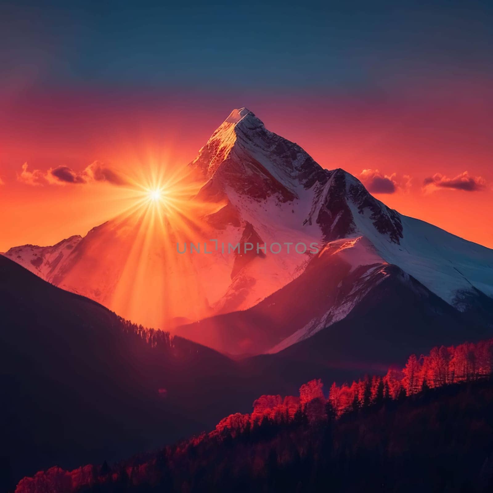 AI Generative Dawn over the snow capped mountains. Snowy mountain peak at dawn. Sunrise in mountains. Mountain sunrise landscape for your background and wallpaper