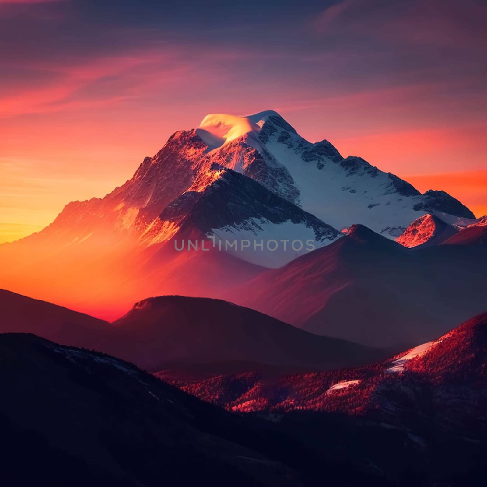 Dawn over the snow capped mountains. Snowy mountain peak at dawn. Sunrise in mountains. Mountain sunrise landscape by antoksena