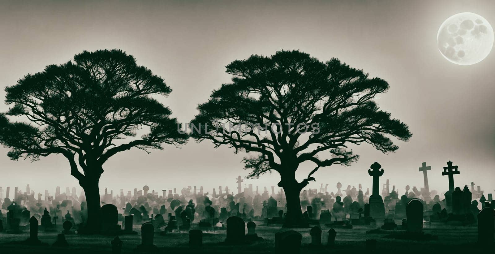 A hauntingly beautiful graveyard shrouded in mist, with weathered tombstones standing sentinel amidst gnarled trees and twisted branches reaching towards the moon.
