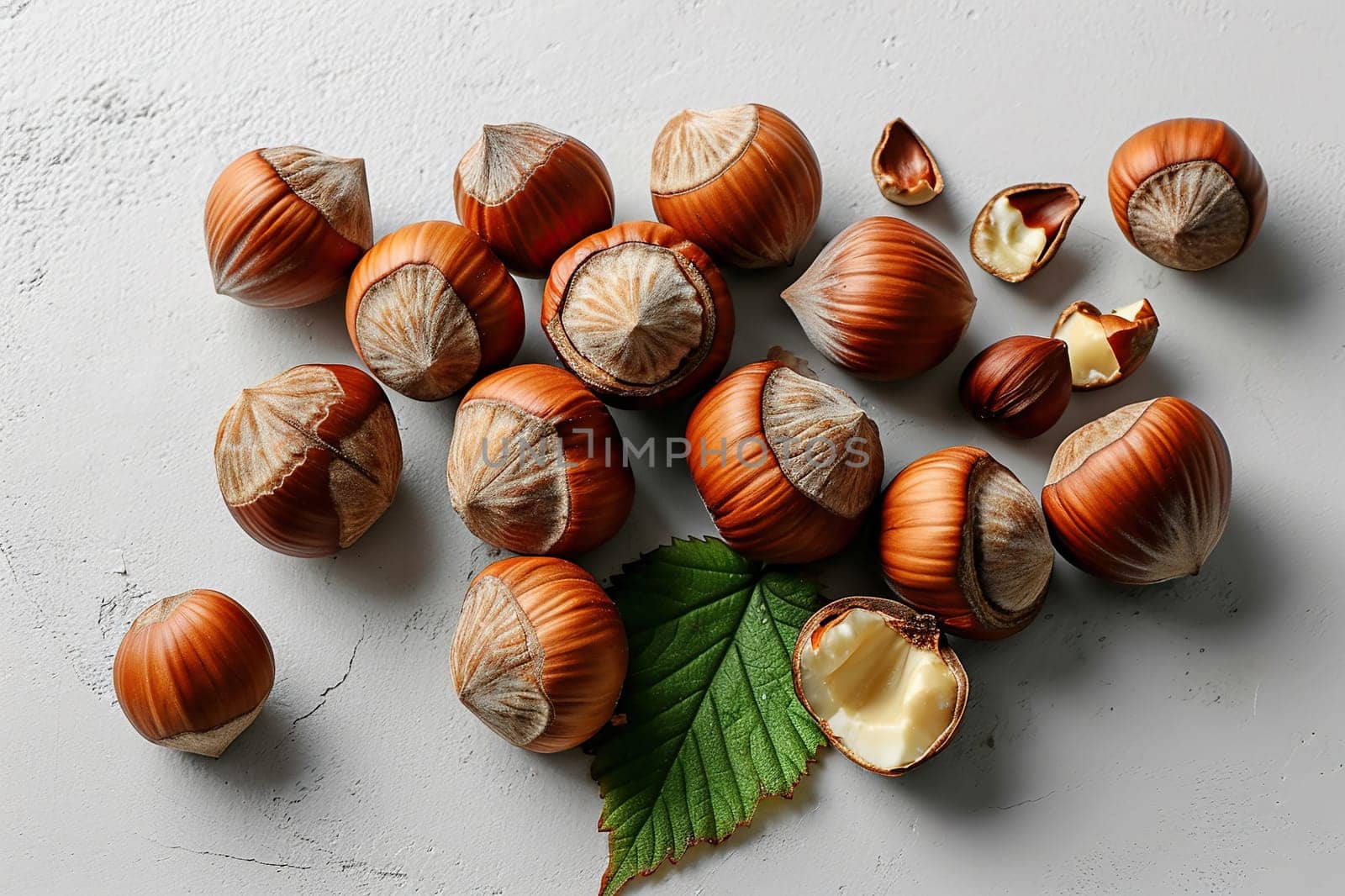 Hazelnuts are scattered on a white table, top view. Healthy snack.