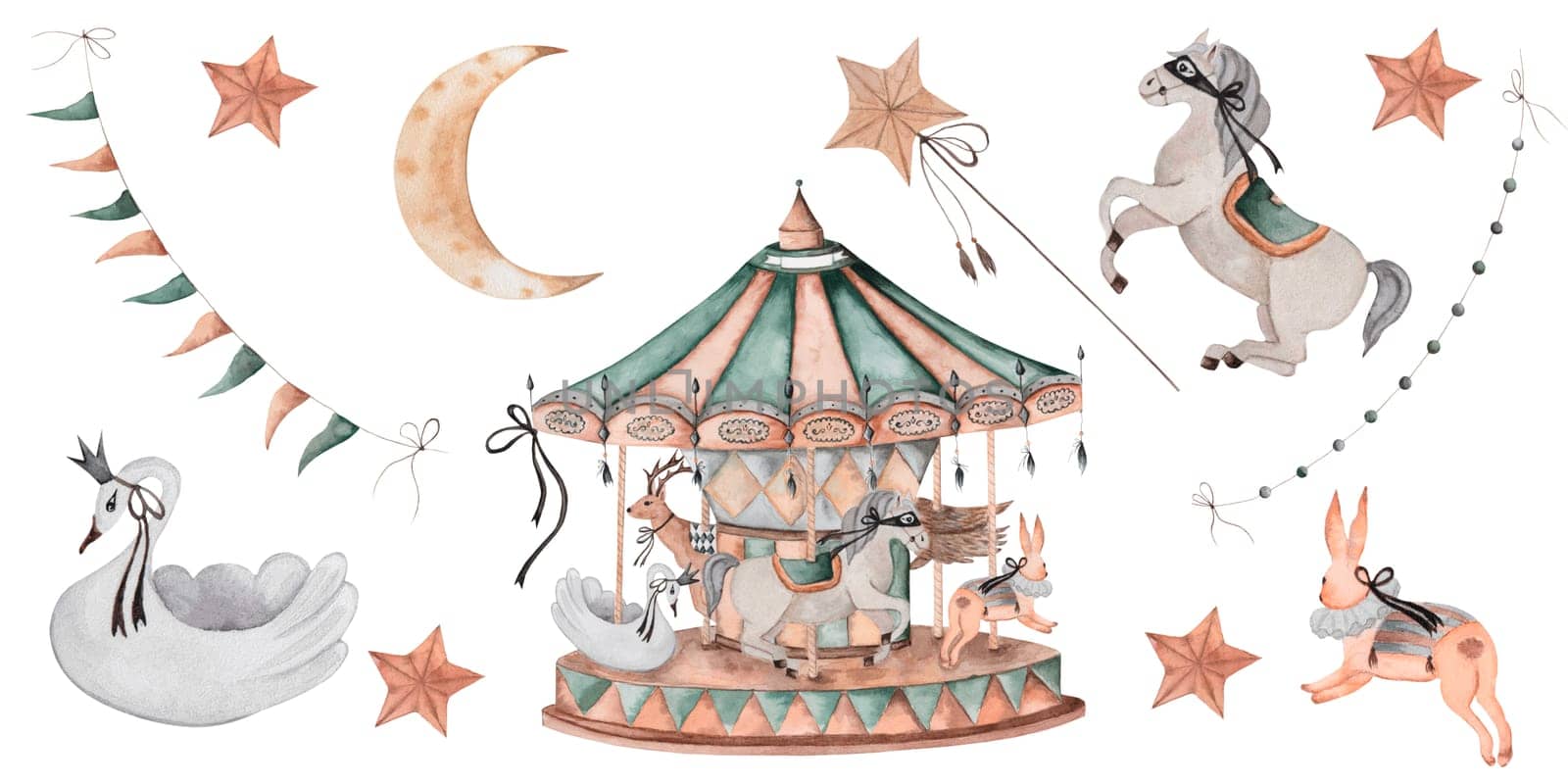 Vintage carousel set. Merry-go-round in retro style on isolated white background, hand drawing. Horse, swan, bunny and deer toy circus animals. Garland, stars and lunar month. For designing cards and decorating baby showers and children's rooms