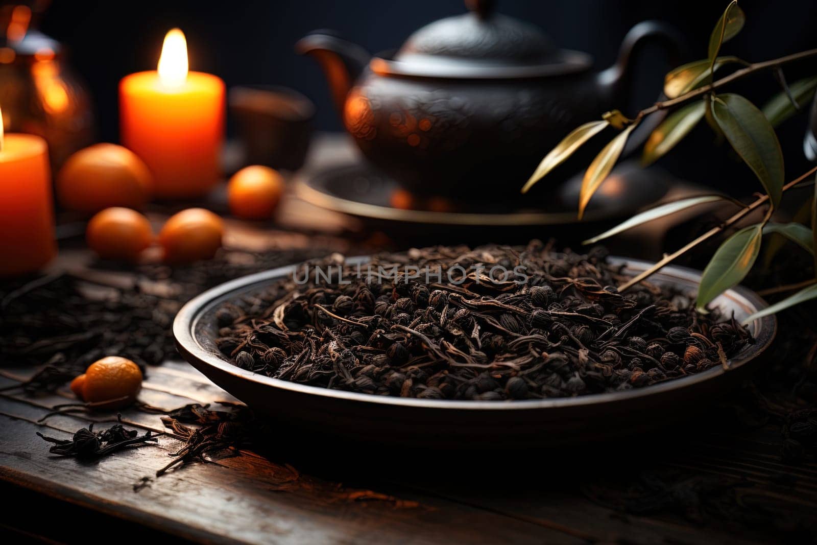 Dried tea leaves on background of decorated decorated wooden table by Dustick