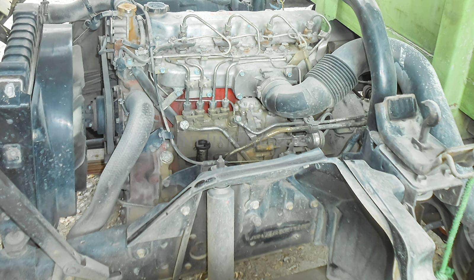 Diesel truck engine or truck engine with copy space for text. Metallic background of the internal diesel truck engine or car engine.