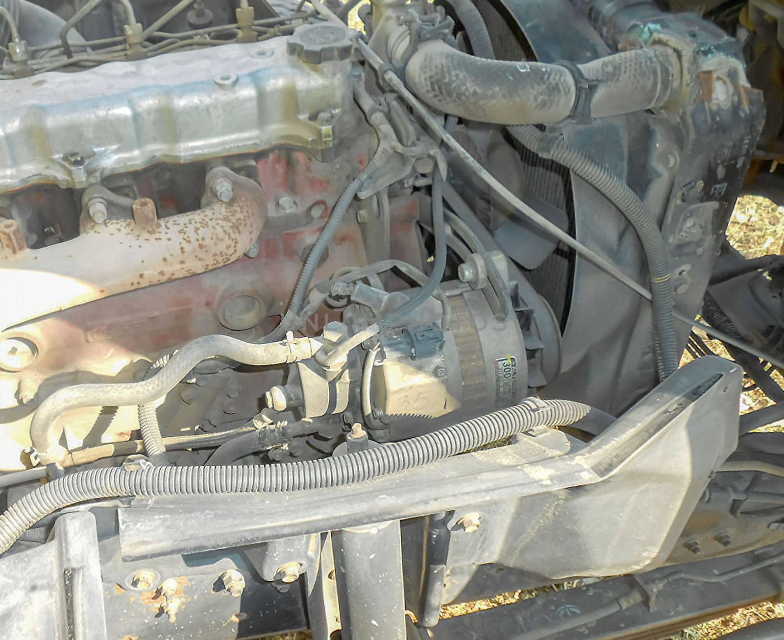 Diesel truck engine or truck engine with copy space for text. Metallic background of the internal diesel truck engine or car engine.