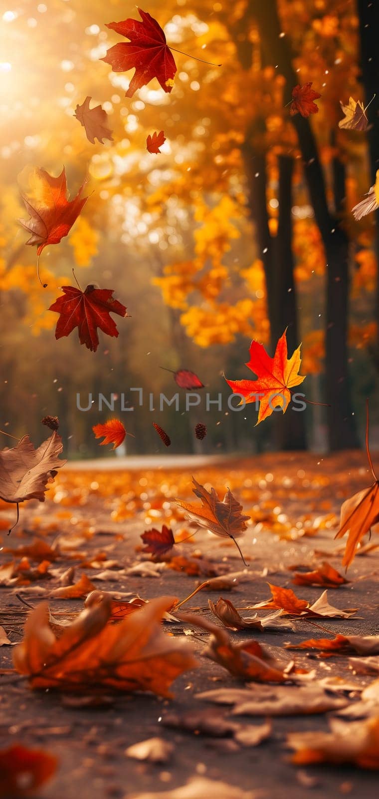 Beautiful autumn view with colorful foliage in the park. Falling leaves background with copy space and selective focus. by z1b