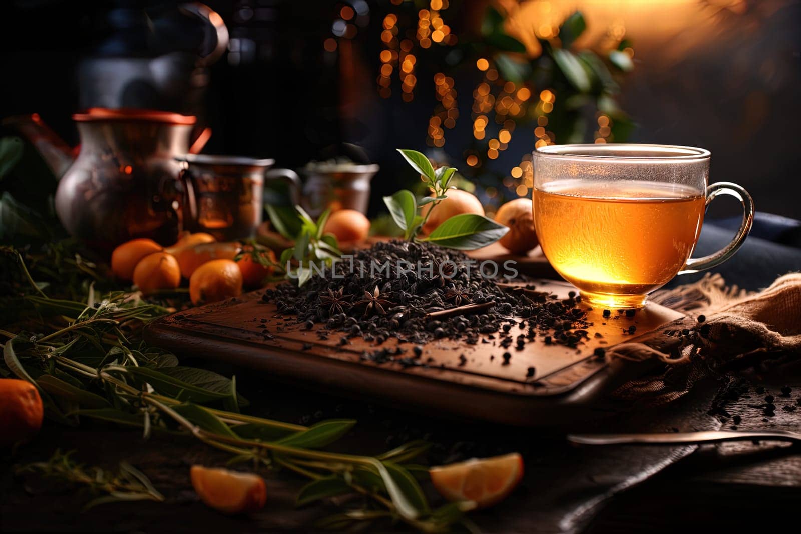 Dried tea leaves on background of decorated decorated wooden table by Dustick