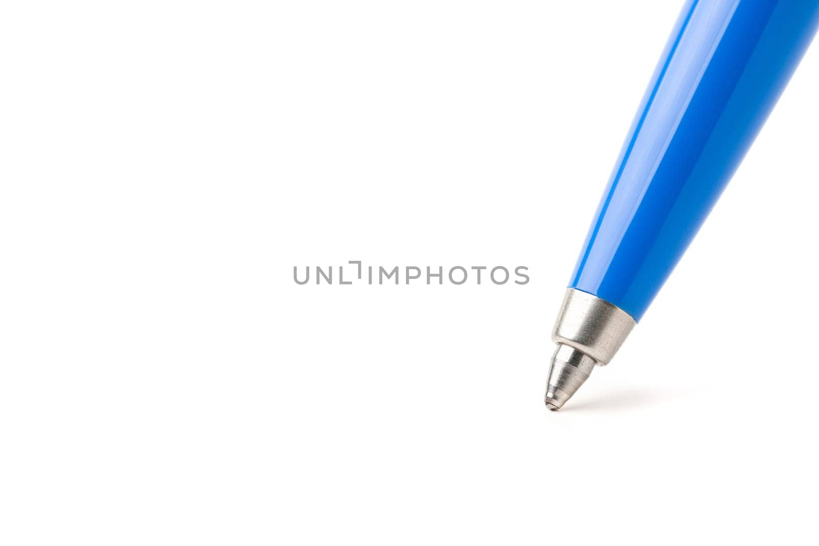 Blue plastic and metal ballpoint pen on white isolated background