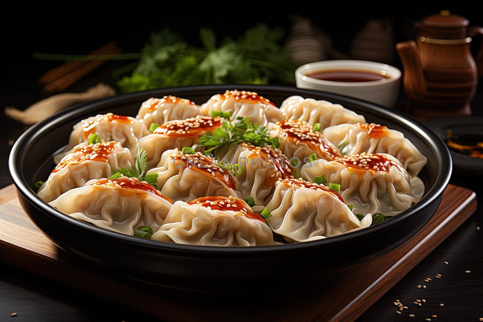 Traditional Chinese dish dumplings. Server table beautifully decorated with dish with chinese dumplings illustration