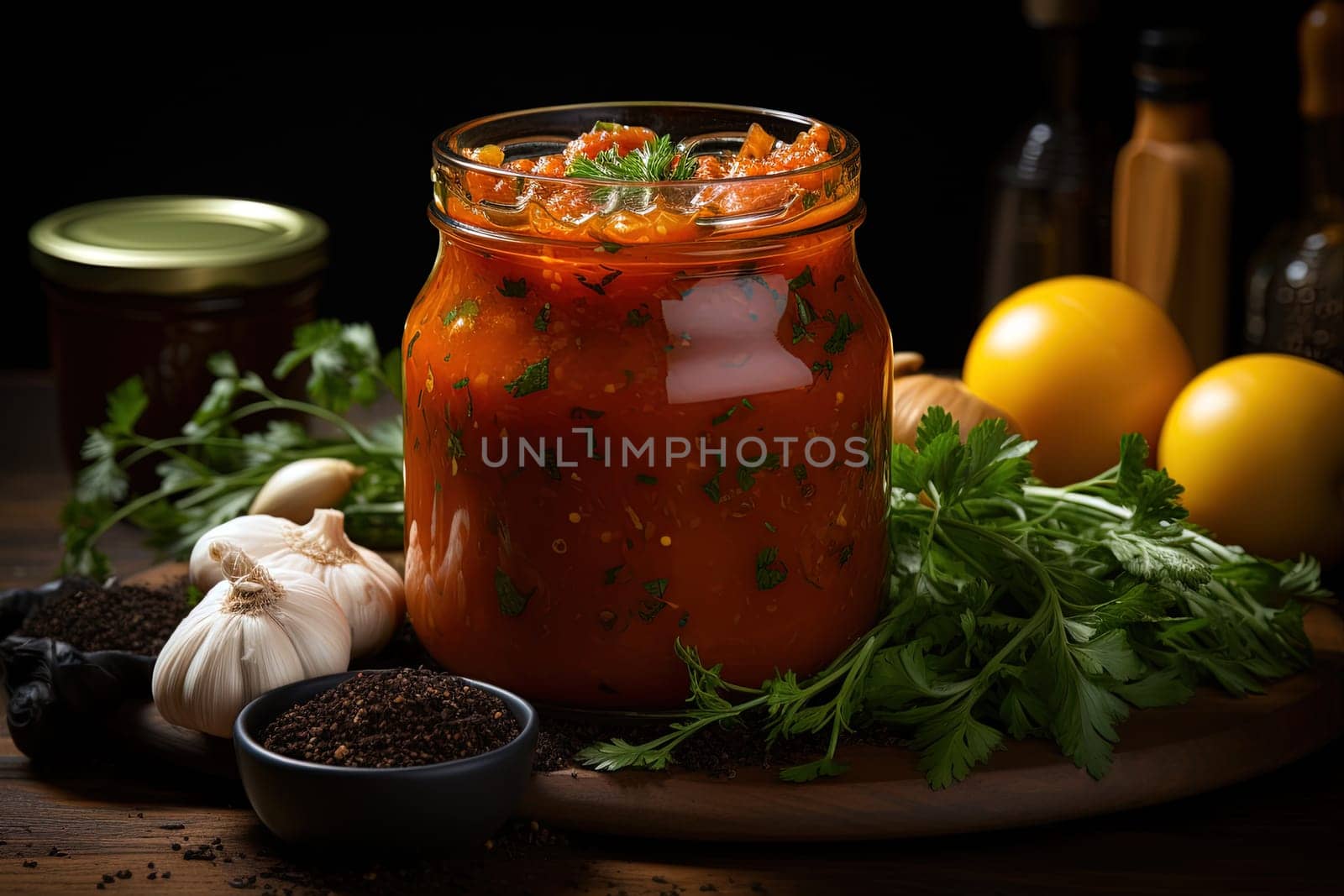 Tomato sauce with specialists. Table with jar of tomato paste served and richly painted illustration