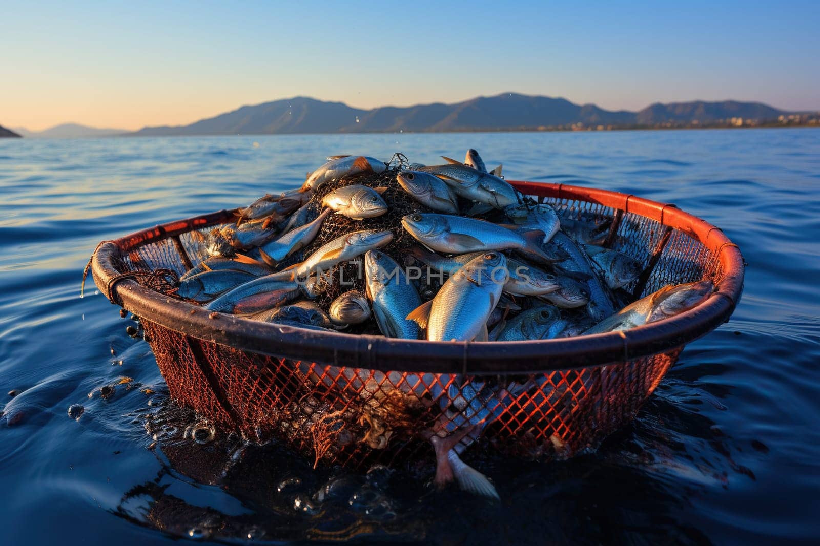 Red net full of fish in the water.