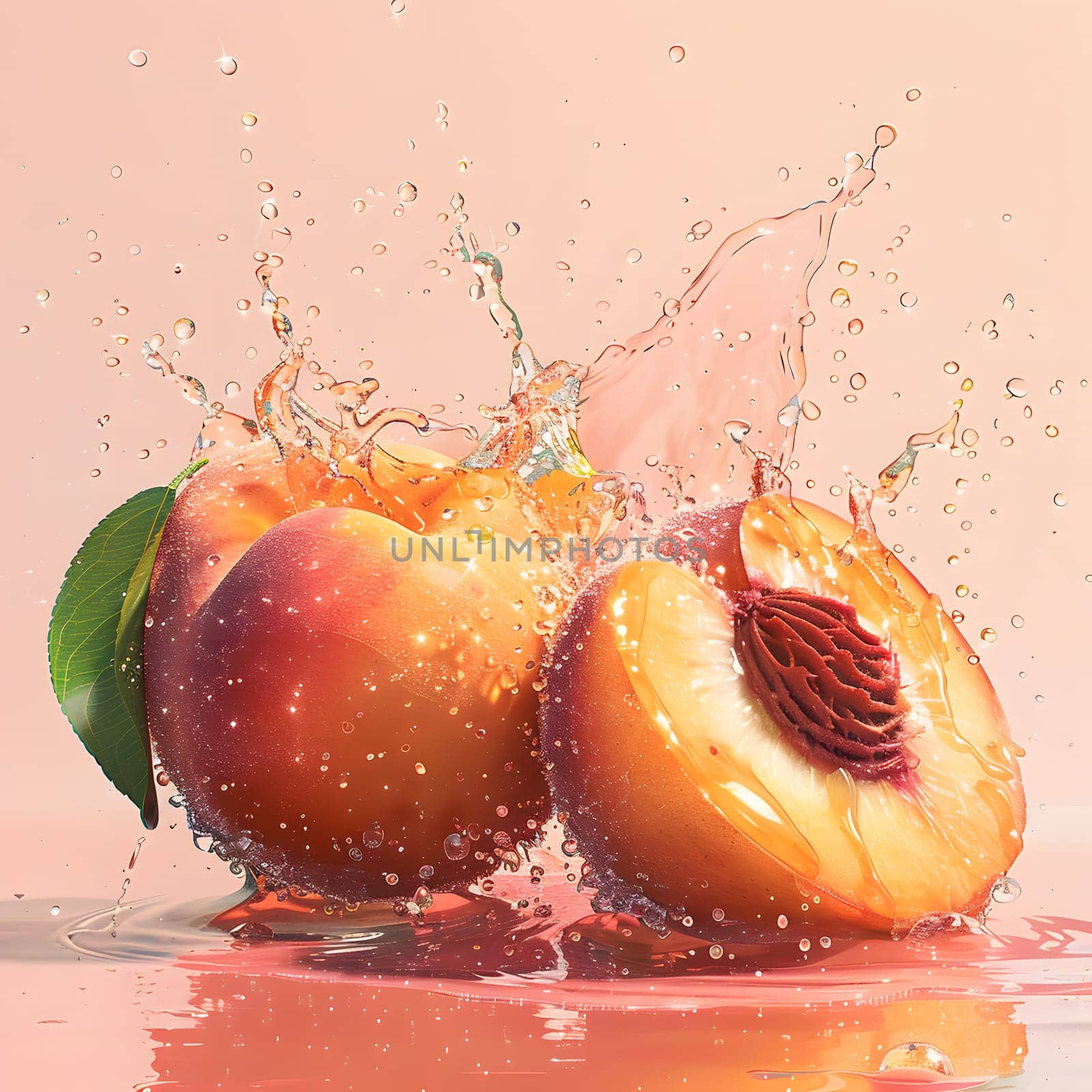 A peach, a natural food and ingredient in cuisine, is being splashed with water on a pink background, highlighting its freshness and juiciness