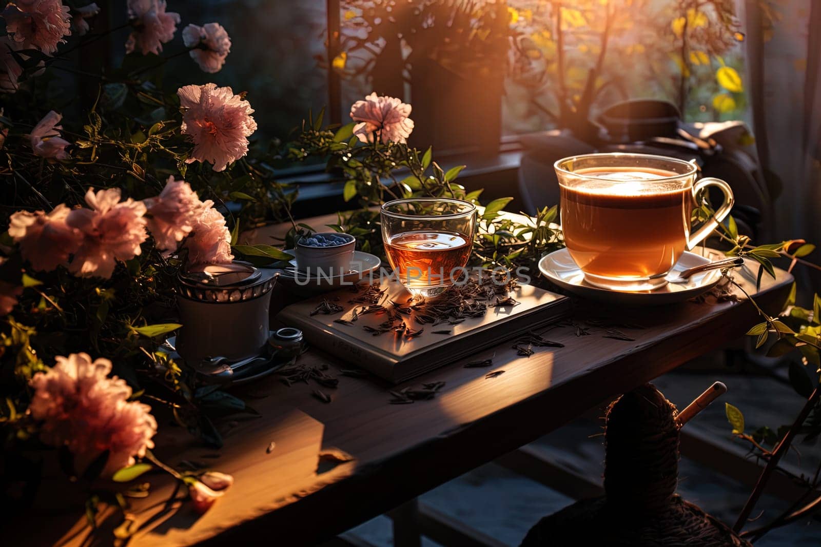 Tea ceremony, teapot and cups, nature morning light background