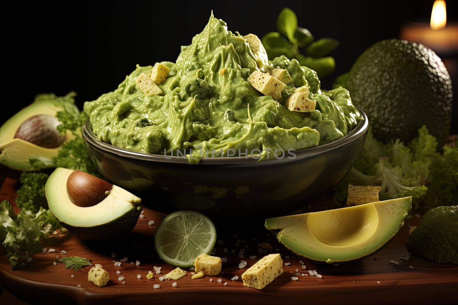 Traditional guacamole sauce on set table illustration