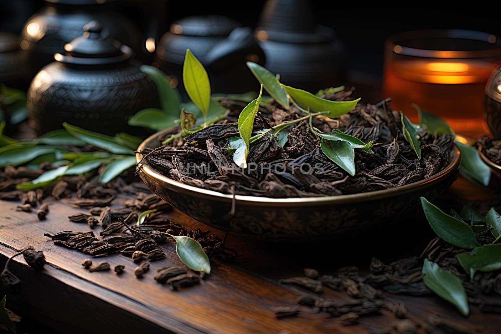 Dried tea leaves on background of decorated decorated wooden table illustration