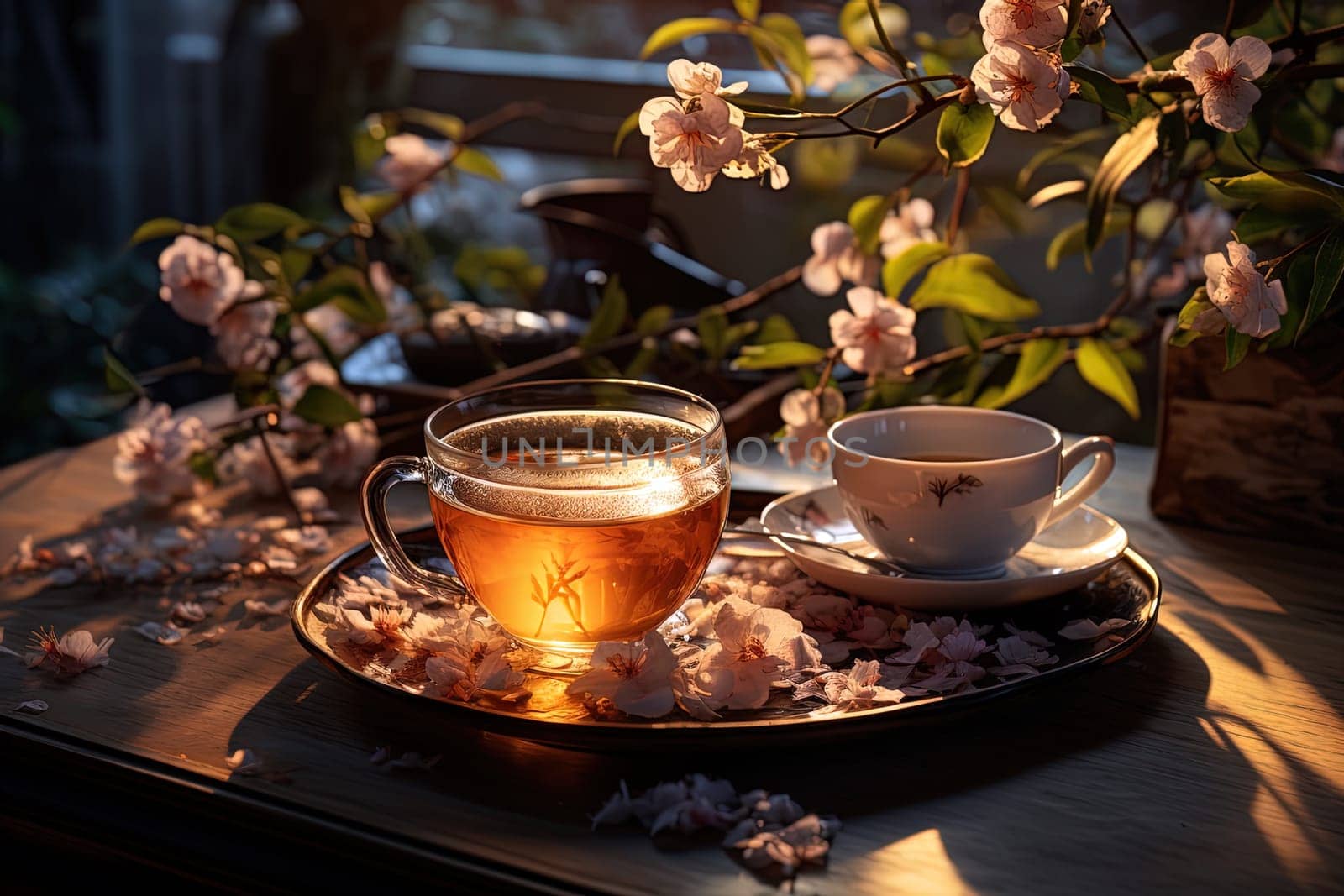 Tea ceremony, teapot and cups, nature morning light background