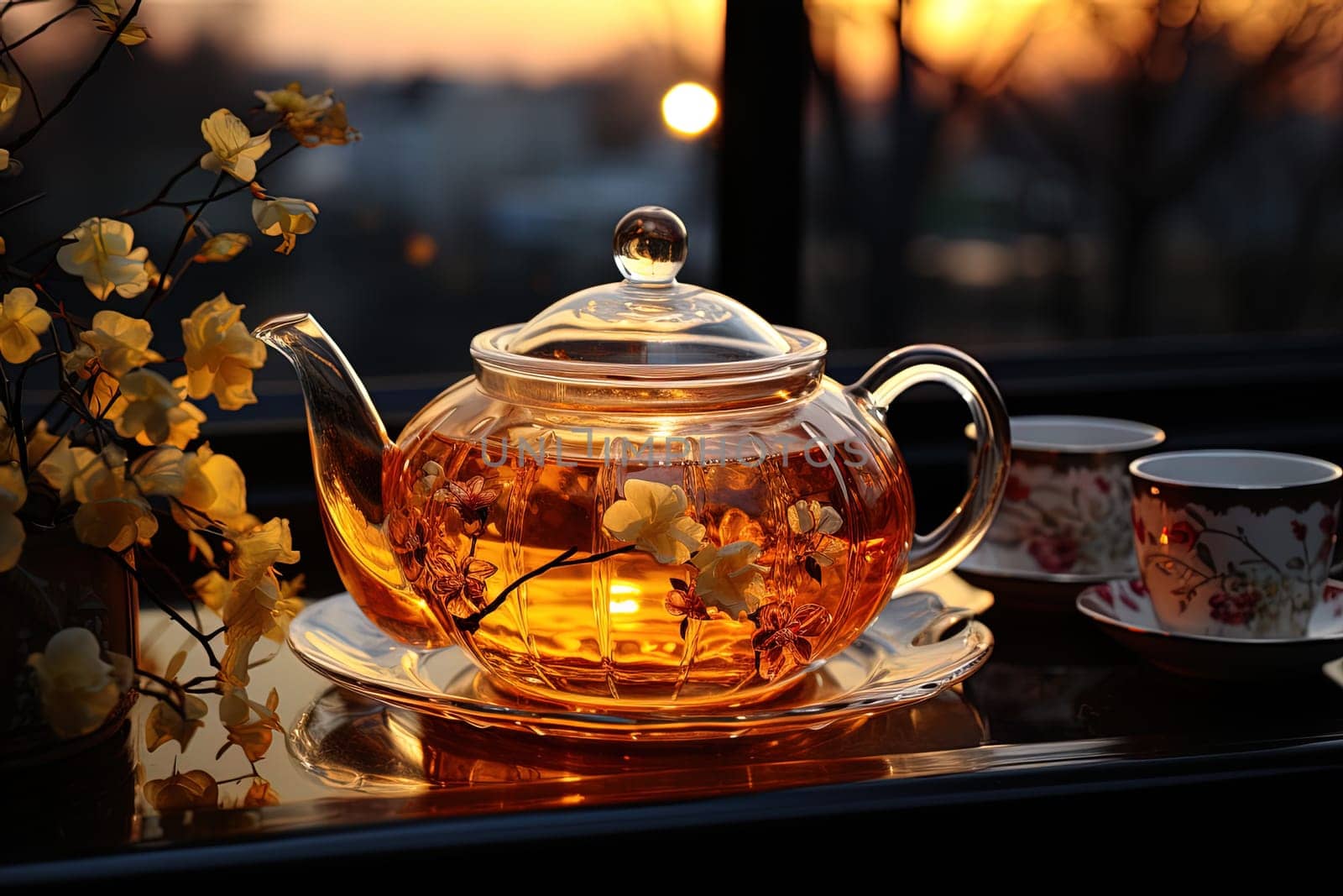 Tea ceremony, teapot and cups, nature morning light background