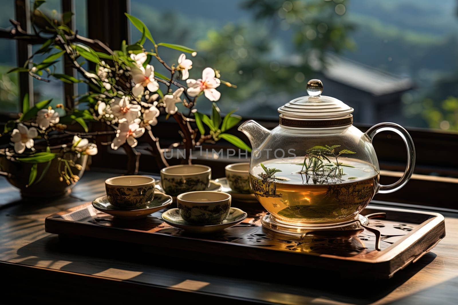 Tea ceremony, teapot and cups, nature morning light background