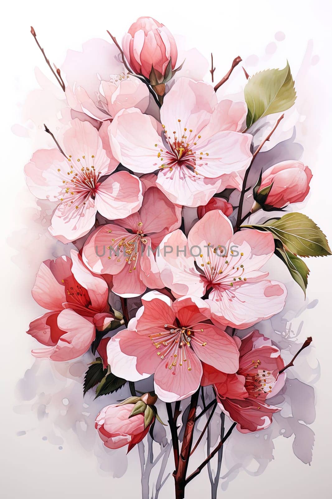 watercolor sakura flowers on a white, aesthetic background. Ai generative art