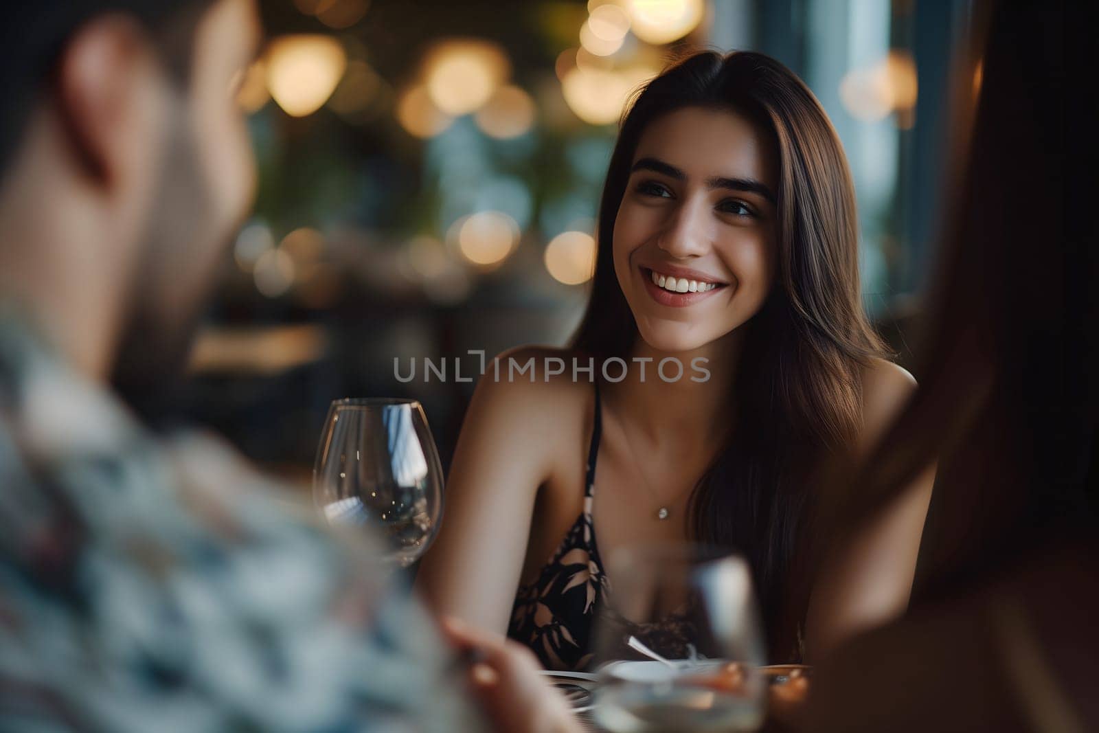 Smiling young adult woman dating with young adult man at the restaurant. Neural network generated image. Not based on any actual scene or pattern.