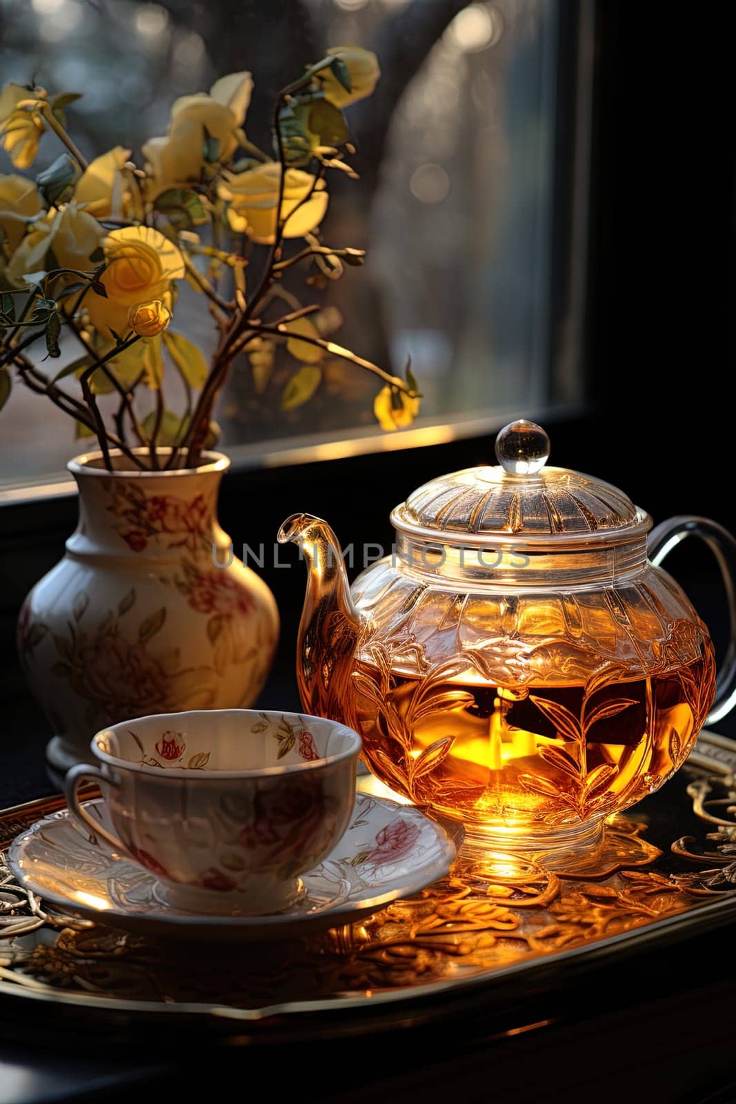 Tea ceremony, teapot and cups, nature morning light background