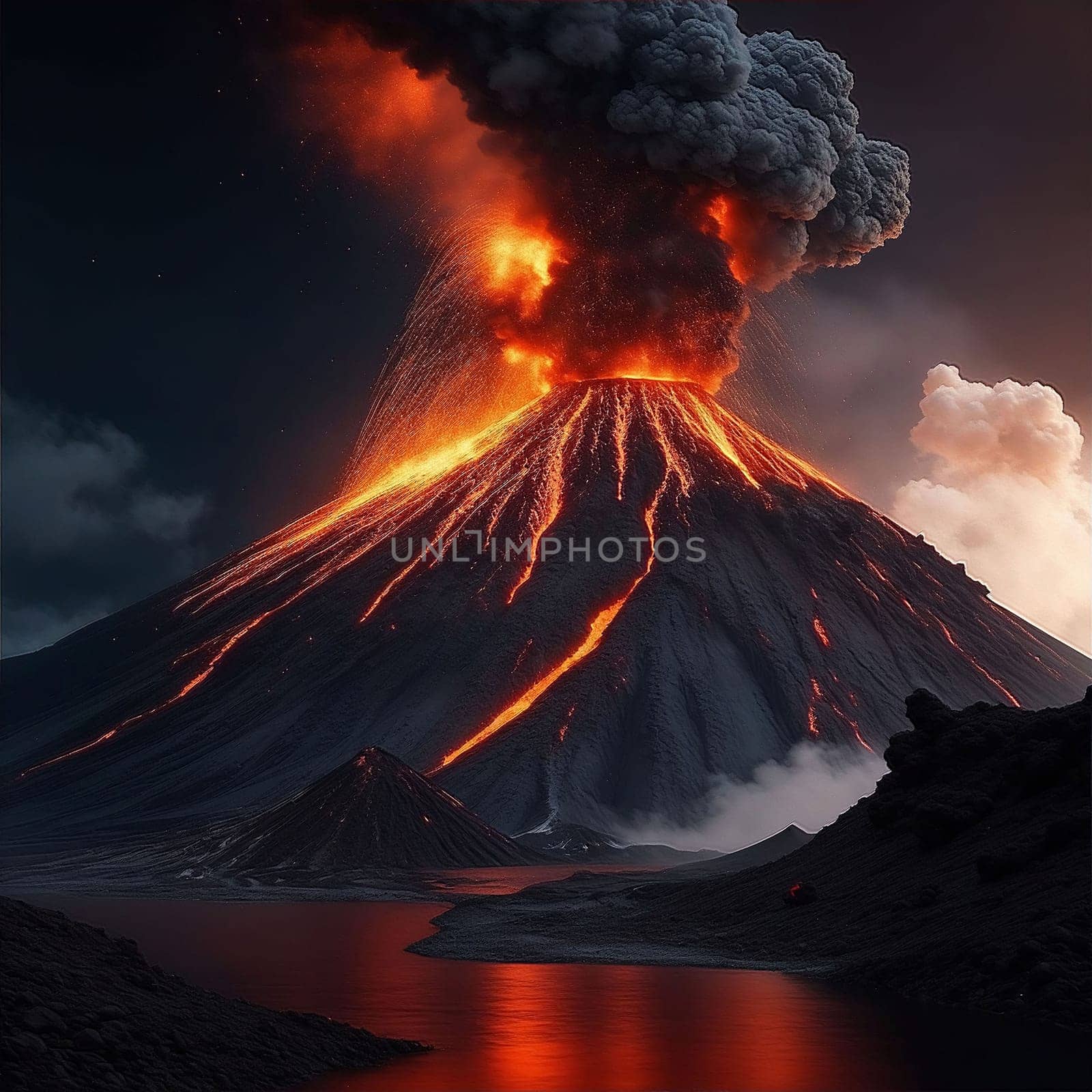 volcano eruption with massive high bursts of lava and hot clouds soaring high into the sky, pyroclastic flow in asia krakatoa AI Generative, krakatoa