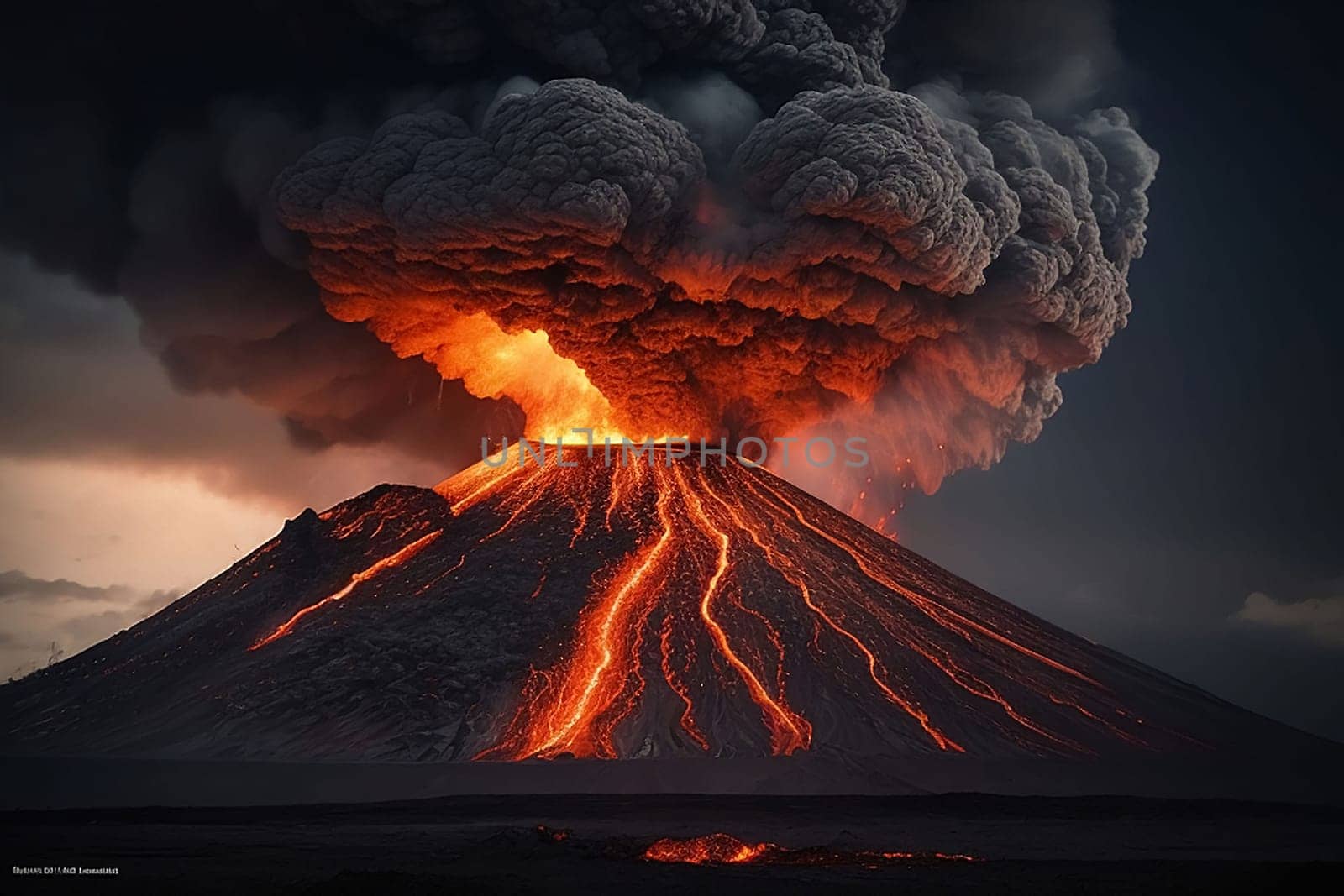 volcano eruption with massive high bursts of lava and hot clouds soaring high into the sky, pyroclastic flow in asia krakatoa AI Generative, krakatoa