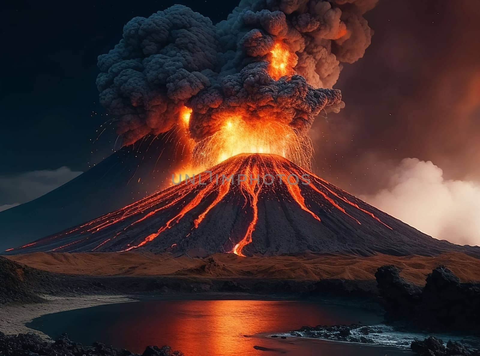volcano eruption with massive high bursts of lava and hot clouds soaring high into the sky, pyroclastic flow in asia krakatoa AI Generative, krakatoa