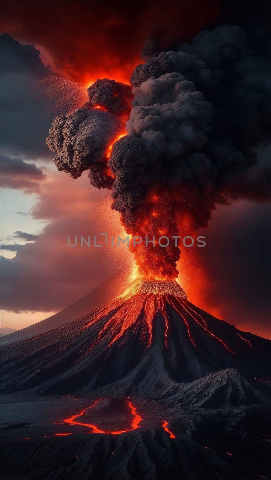 volcano eruption with massive high bursts of lava and hot clouds soaring high into the sky, pyroclastic flow in asia krakatoa AI Generative, krakatoa