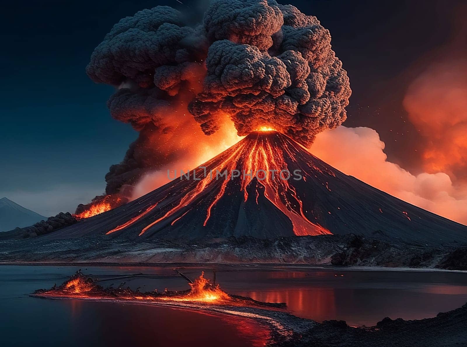 volcano eruption with massive high bursts of lava and hot clouds soaring high into the sky, pyroclastic flow in asia krakatoa AI Generative, krakatoa