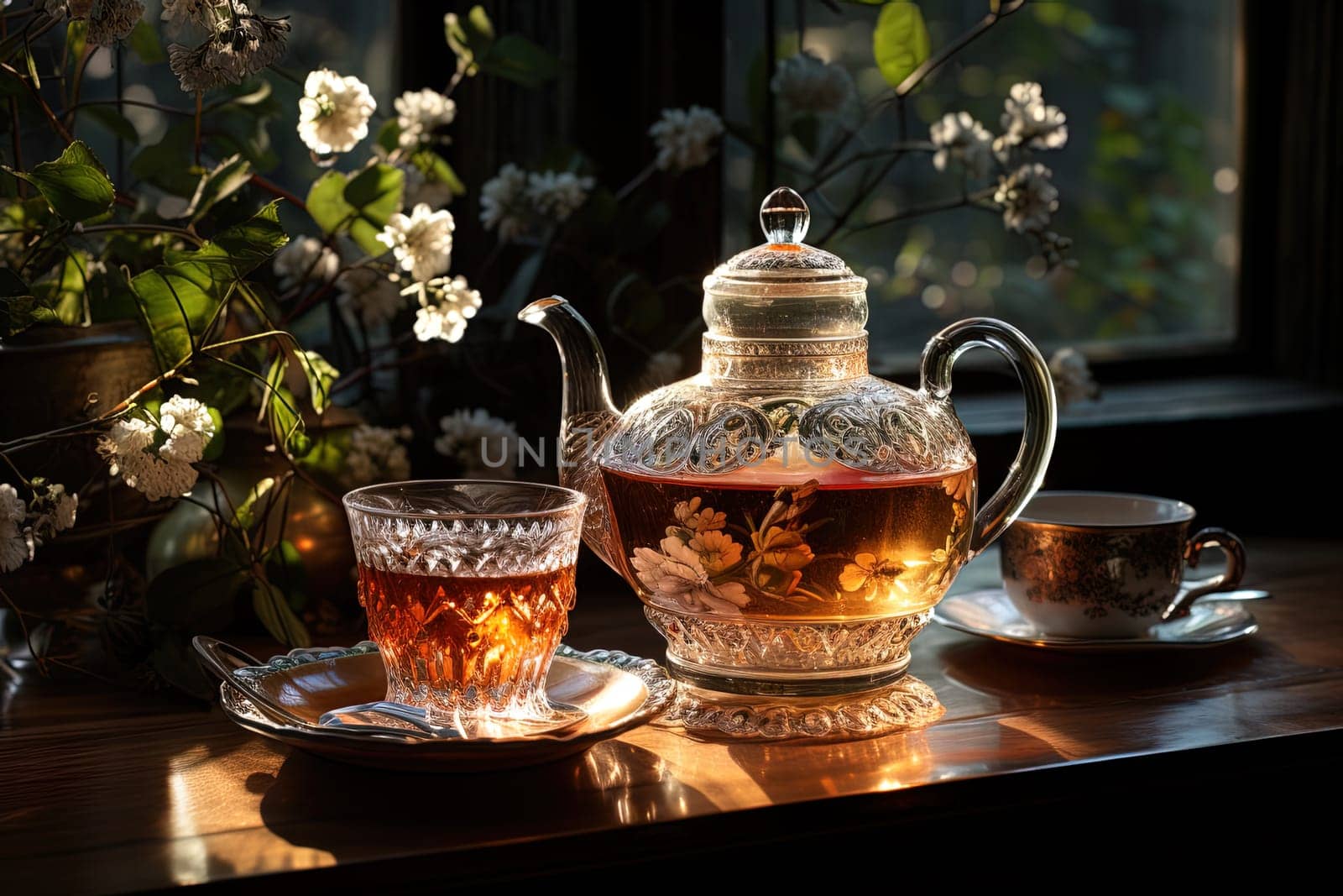 Tea ceremony, teapot and cups, nature morning light background