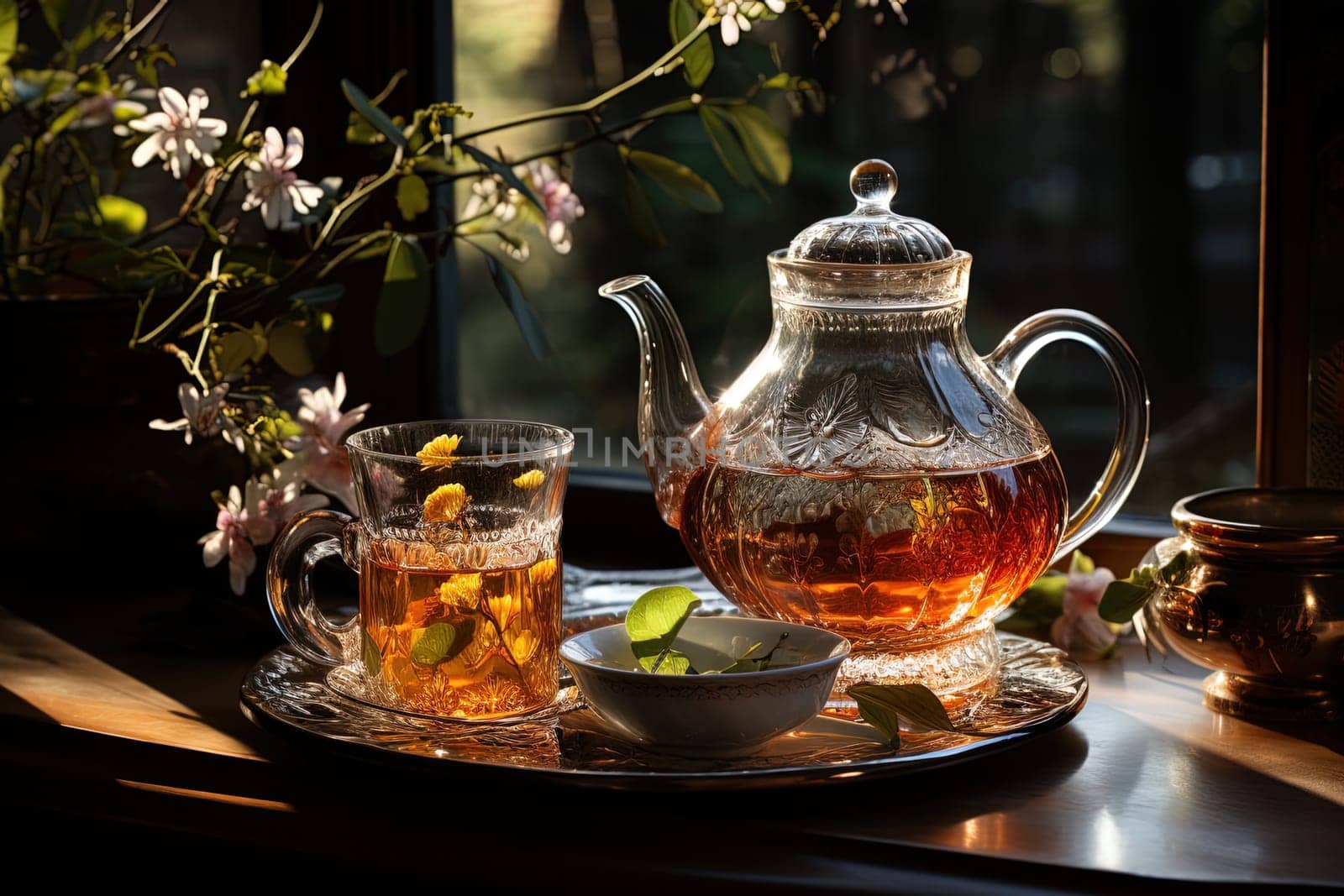 Tea ceremony, teapot and cups, nature morning light background