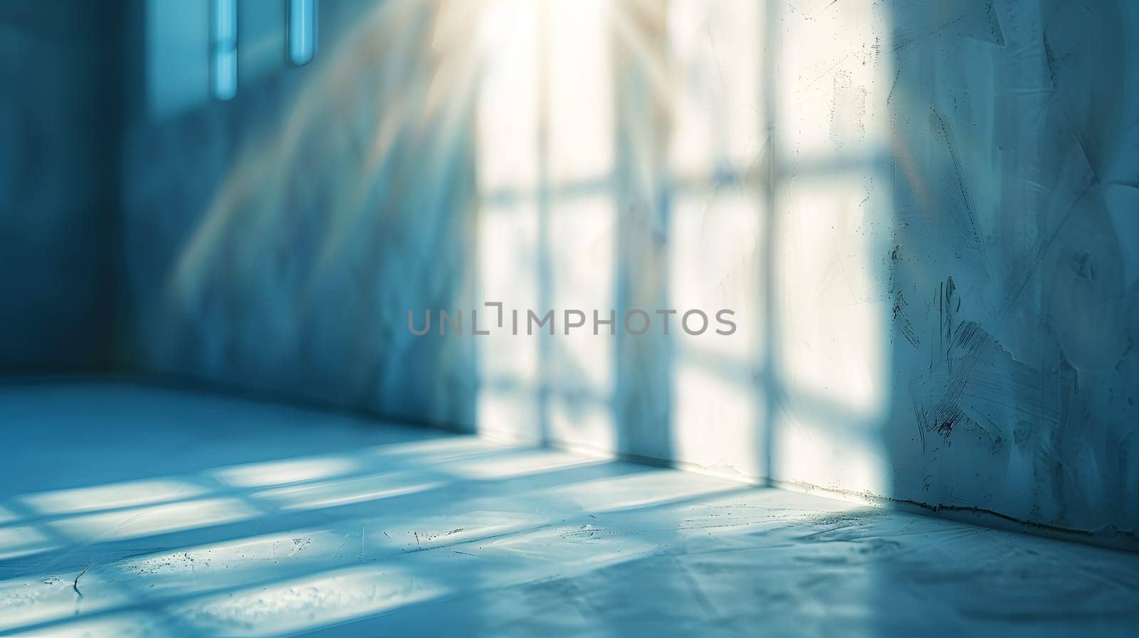The electric blue sunlight filters through the windows of the empty room, casting tints and shades on the wooden floor. A plant adds life to the serene atmosphere
