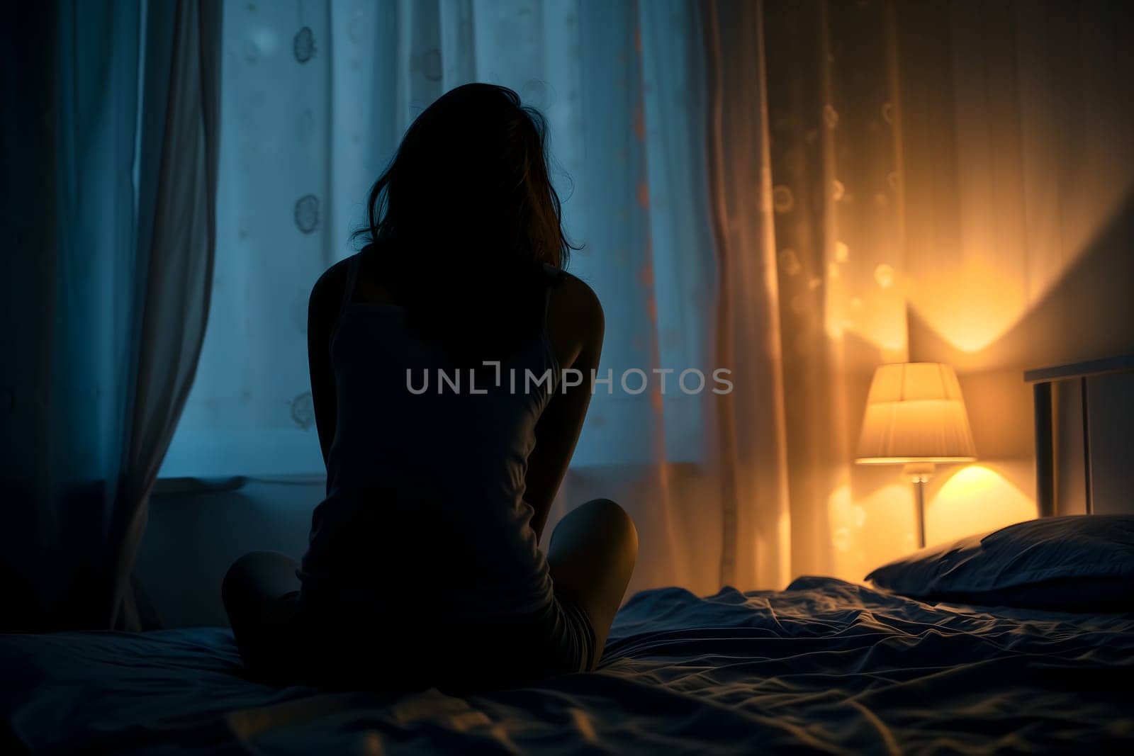 Silhouette woman sitting on the bed in the dark room with lamp, Sad woman. Neural network generated image. Not based on any actual scene or pattern.